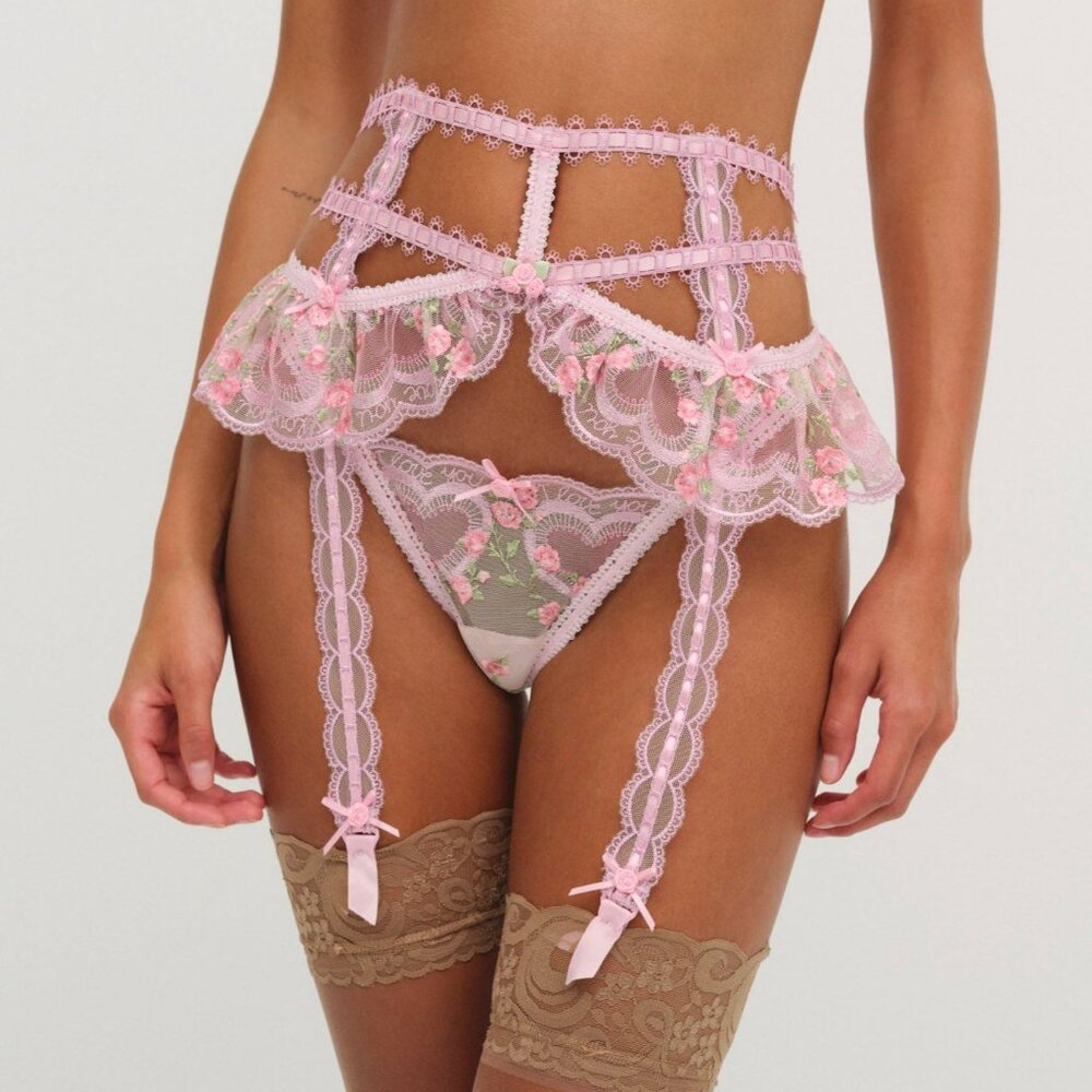 For Love & Lemons Ily Embroidered Garter Belt Size MM / Pink
